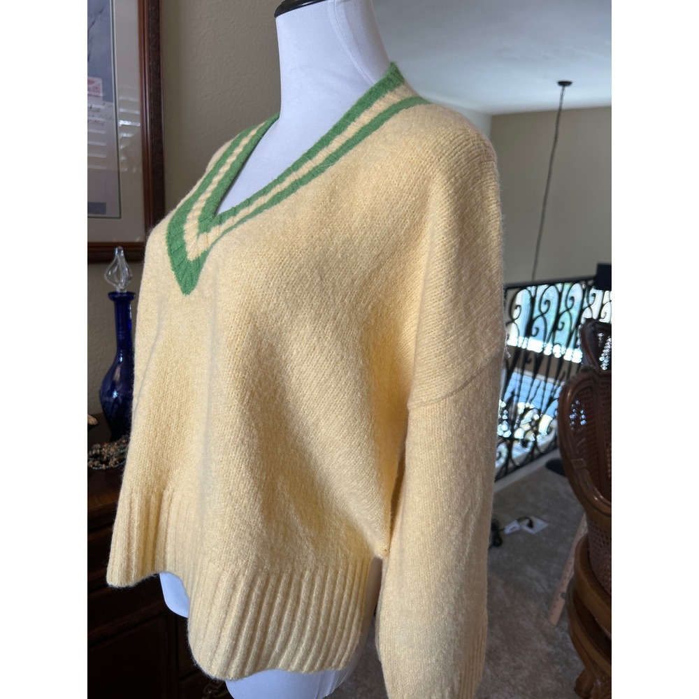 Lisa Says Gah Helena Yellow V-Neck Sweater Green Stripe Trim XL/2X NWT - Picture 3 of 9
